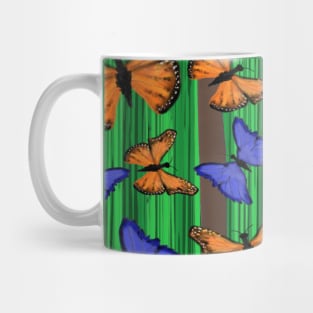 Blue and Orange Butterflies with Abstract Trees and Grass Mug